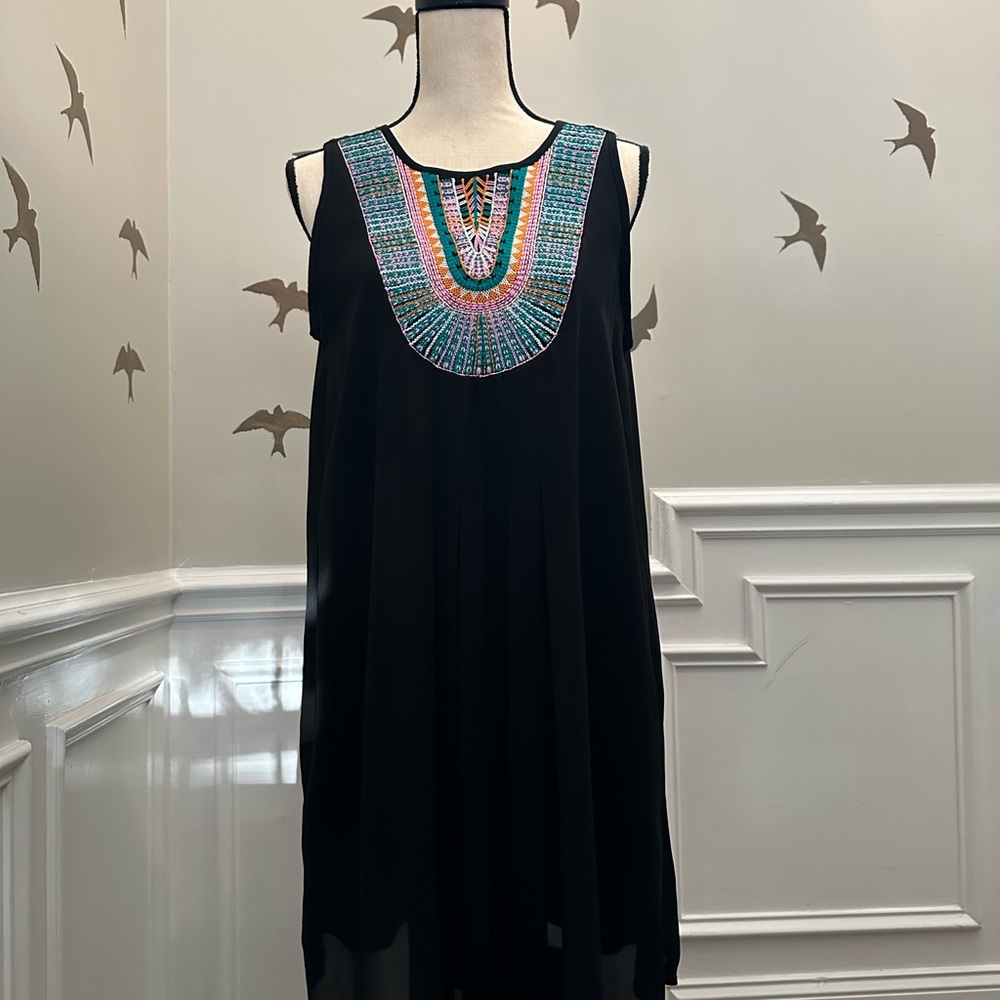 Thyme & Honey Womens Mini Dress L Black Tunic Boho Embroidery Chiffon Hippie